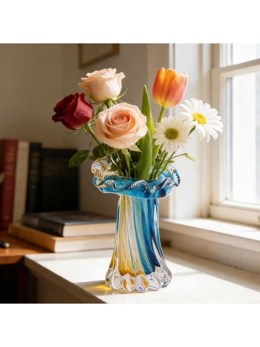 Stunning Blue & Gold Hand Blown Art Glass Vase - Sculptural Home Decor